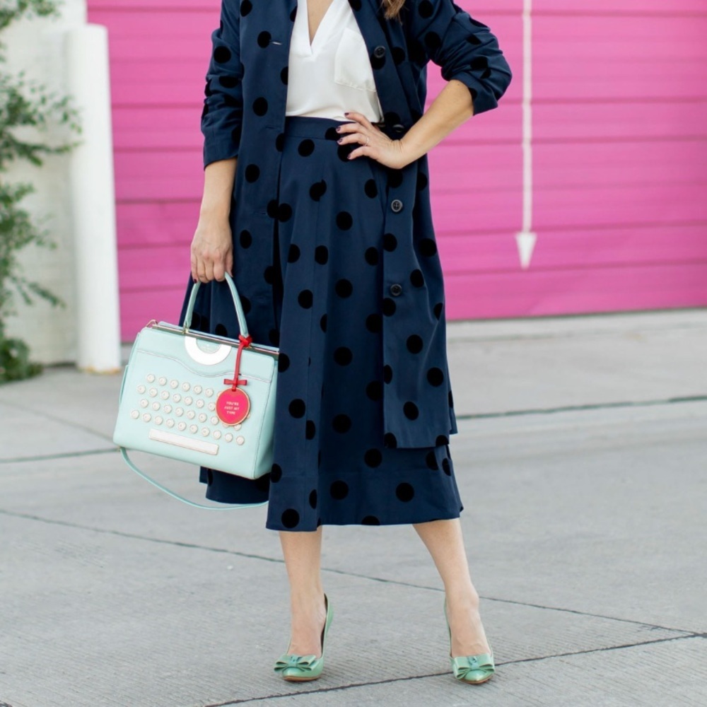 1901 Navy Polka Dot Print Button Down Tie Waist Midi Skirt Size 0 Used